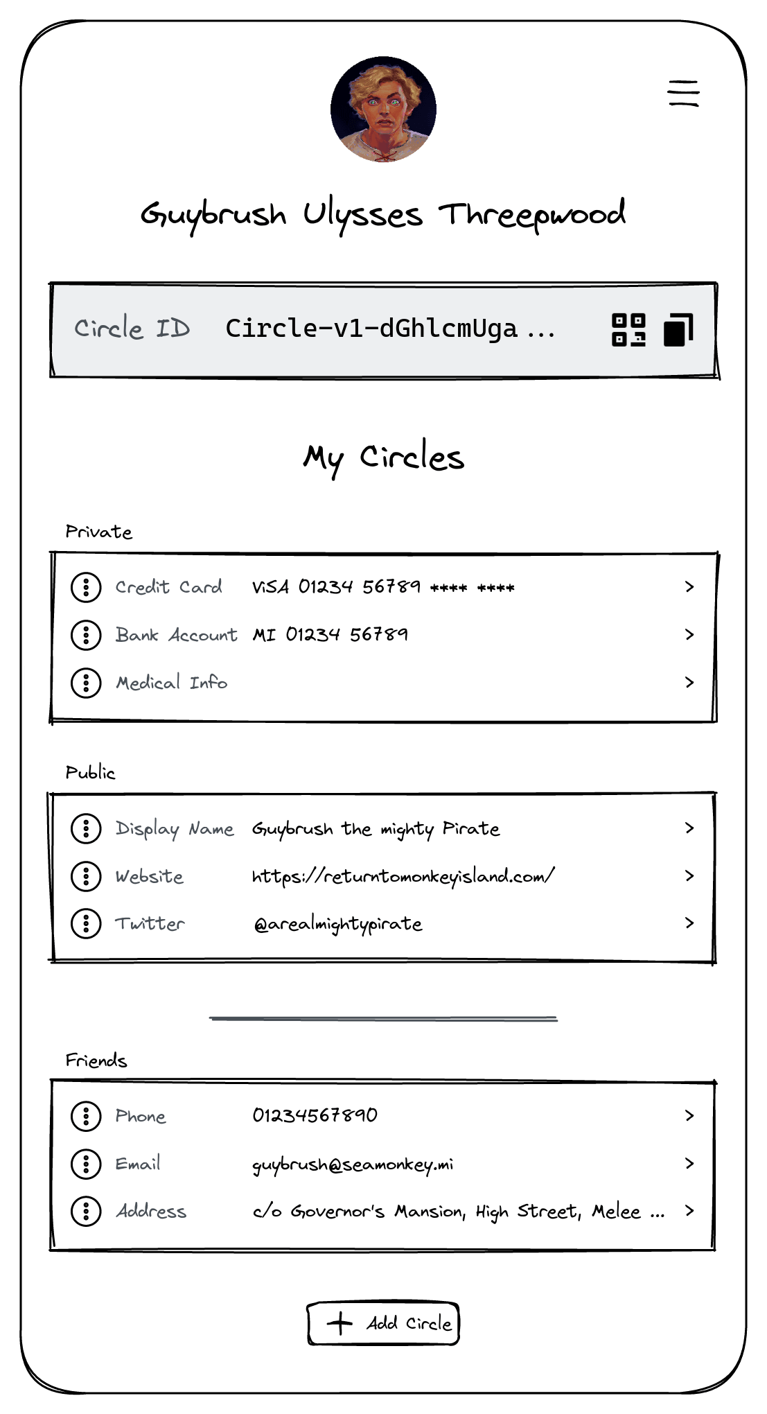 A mockup of a Circles UI, allowing a user to move their contact information into different circles