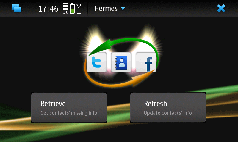 The home screen of the Hermes app allowing you to either append missing data or overwrite all data based on your configured social networks