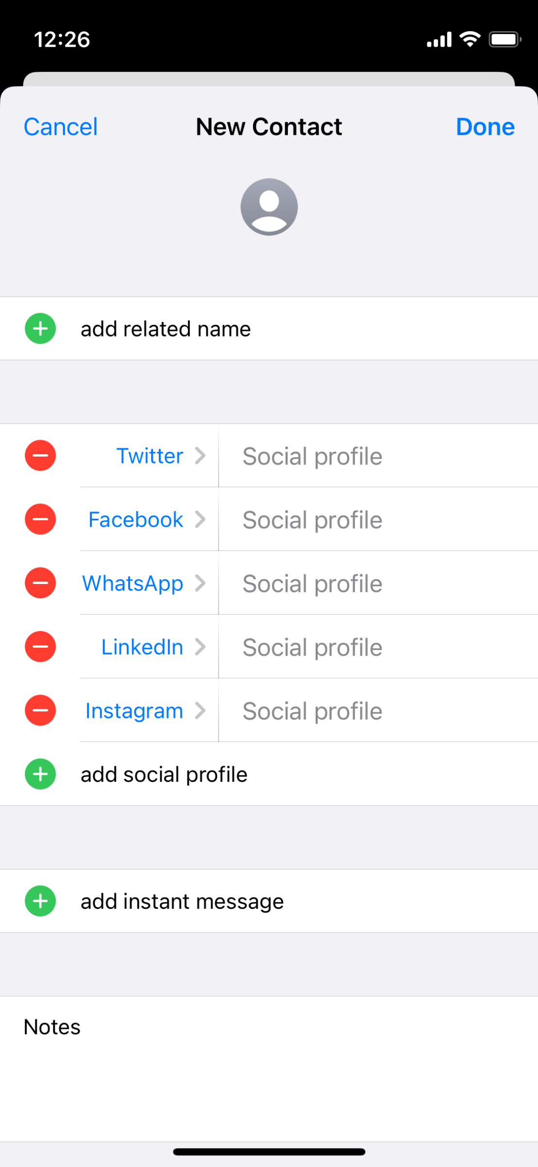 Apple’s iOS allows you to add social profiles to individual contacts in your address book