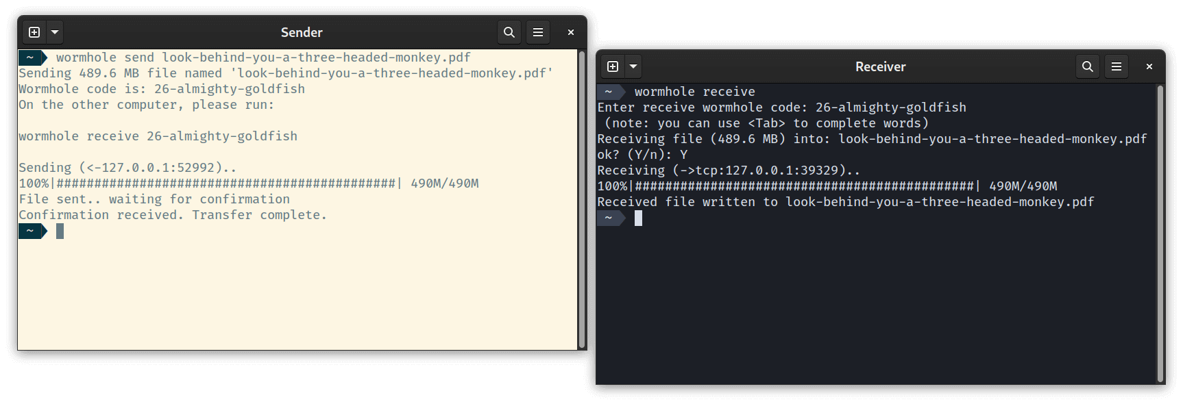 Magic Wormhole securely sending a file to a different computer, using the unique code 26-almighty-goldfish which both acts as a password as well as an instruction to the relay server to match these two devices