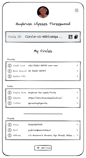 A mockup of a Circles UI, allowing a user to move their contact information into different circles.