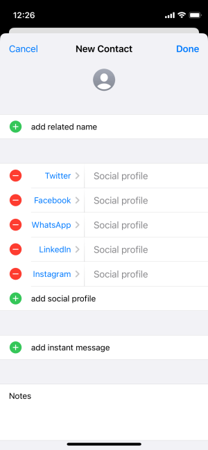 Apple’s iOS allows you to add social profiles to individual contacts in your address book.