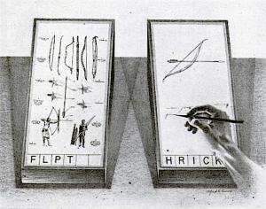 Operator using the Memex, writing notes on a transparent screen linked to projected reference material.